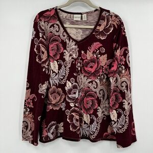 Zenergy by Chicos Size 2 Large Burgundy Floral Paisley Sequin V-Neck Top Velvet